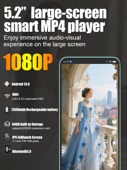 Famue MP3 Player Android 13 with Bluetooth and WiFi，MP3 MP4 Player with Spotify，Audible，Pandora，Standalone / Networked Version