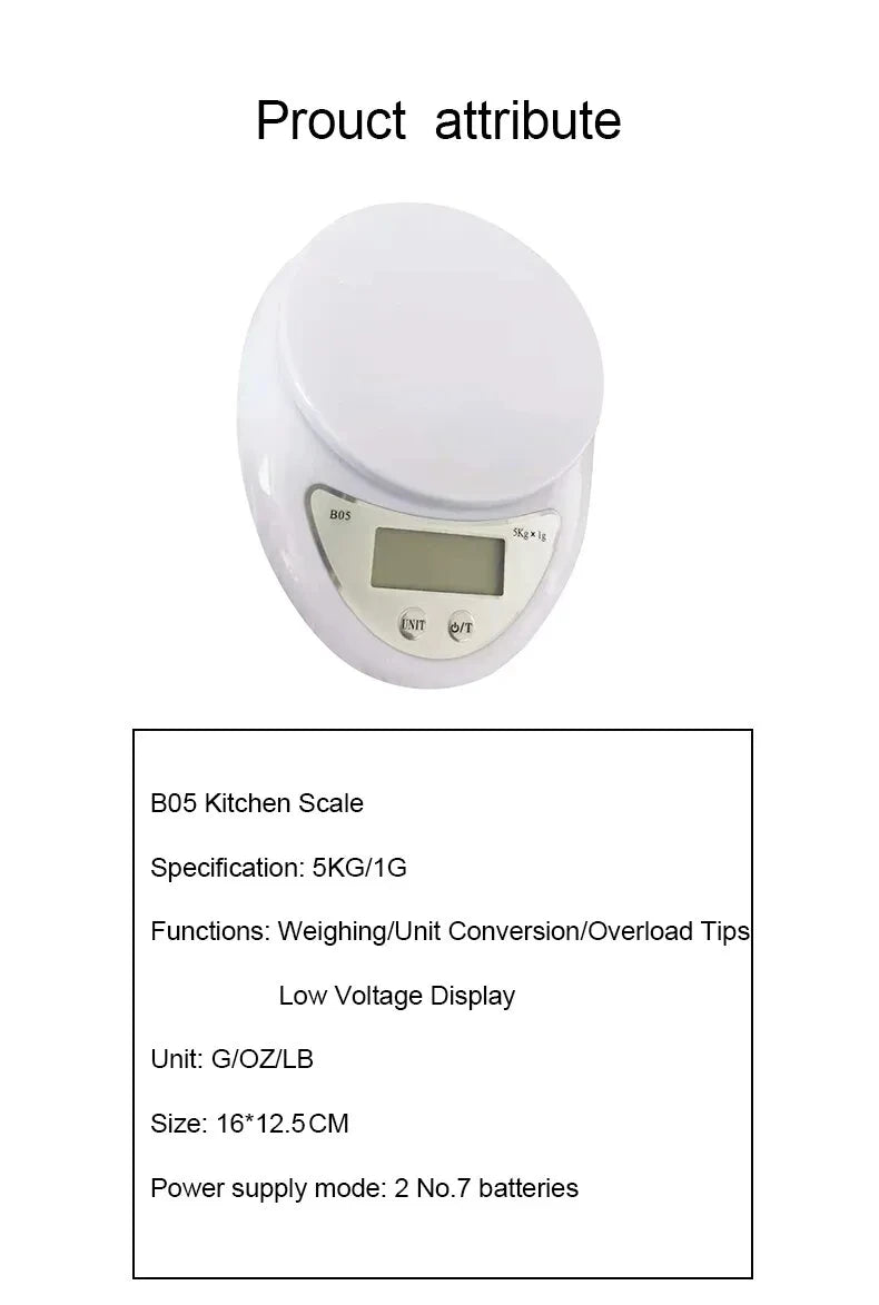 5kg Digital Kitchen Scale - Portable LED Food Weight Scale with 1g Precision for Baking & Cooking