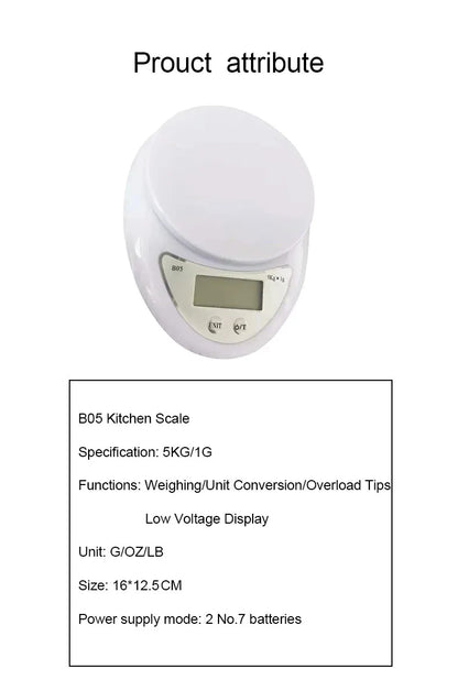 5kg Digital Kitchen Scale - Portable LED Food Weight Scale with 1g Precision for Baking & Cooking
