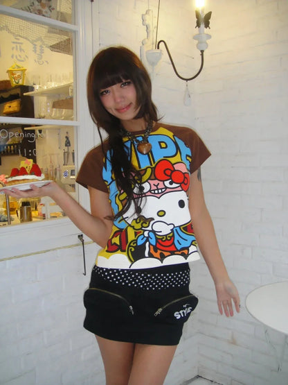 Y2K Sanrio Hello Kitty New Anime Fashion Short Tops Summer Cute Tees Cartoon Printed High Street Gothic Short Hottie T-shirts