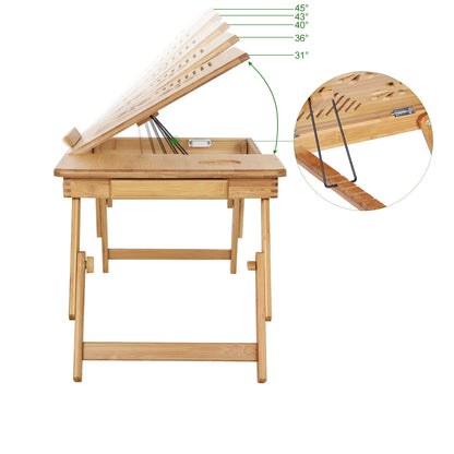 SONGMICS Bamboo Laptop Desk, Foldable Bed Table, Height Adjustable Sofa Tray, with 5 Tilting Angles, Air Holes, Small Drawer