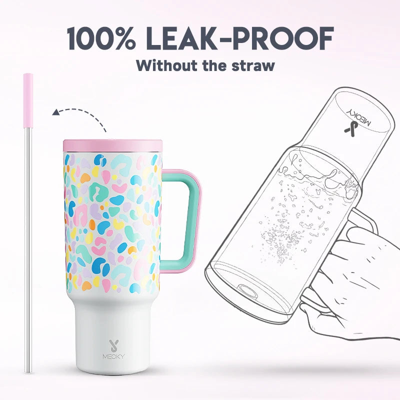Meoky 40oz Cup Tumbler with Handle Straw Stainless Steel Multi-Prints Coffee Cup Travel Water Bottle Leak-Proof Car Mug Gifts