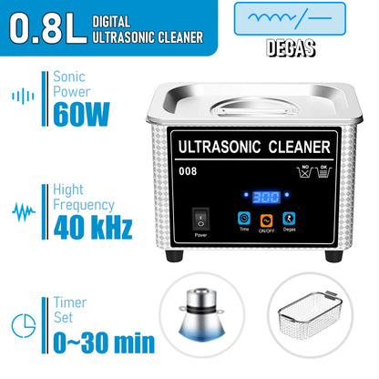 800ml Household Digital Ultrasonic Cleaner 30W/60W Stainless Steel Bath Degas Ultrasound Washing for Watches Jewelry