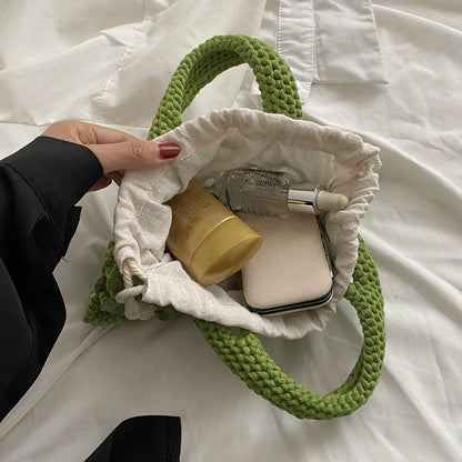 Summer Cotton Thread Woven Handbag Women Crochet Beach Bag Hollow Out Knitting Mini Top-Handle Bag Straw Mesh Boho Wristlet Bags