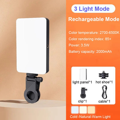 LED RGB Video Light Phone Fill Light Rechargeable Portable Lanterns 2000MAh Ajusted 3 Modes 2700-6500K Portable Selfie Lighting