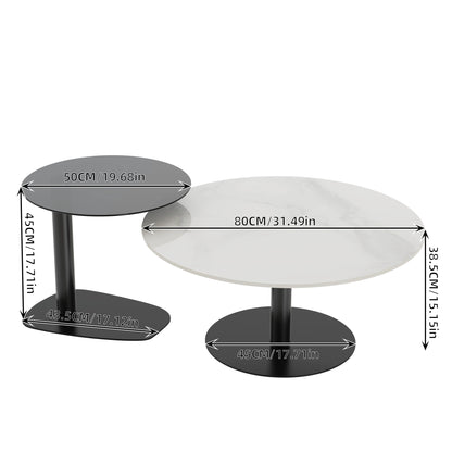 Modern Coffee Table Set, Round Nesting Table, Beech Wood, Sintered Stone and Glass, Set of 2 for Living Room Offoce