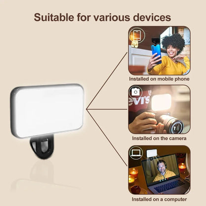 Mini Selfie Fill Light Rechargeable 3 Color Modes Adjustable Brightness Clip on Mobile Phones Computers Photography LED Lights