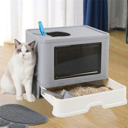 Foldable Cat Litter Box Front Entry & Top Exit Toilet Boxes with Scoop Enclosed Kitty Toilet Tray Pan