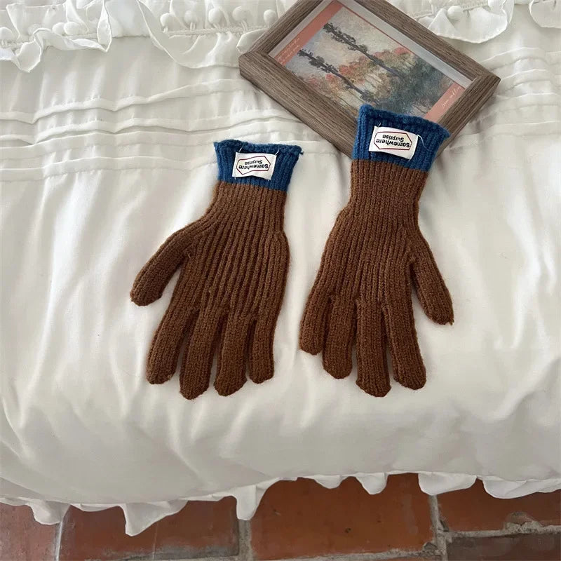 Children Thermal Knitted Gloves Winter Labeled Thickened Warm Gloves Touch Screen Striped Finger Unisex Mittens