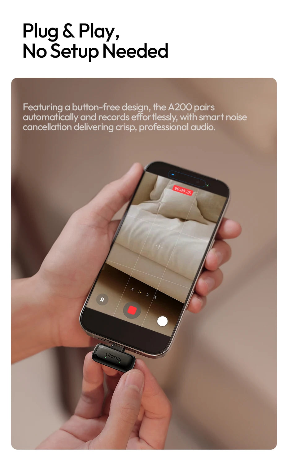 Ulanzi A200 Mini Mic 48kHz/24bit 75dB for Smartphone Camera Livestreaming Street Interview Vlogging Wedding Videography Shots