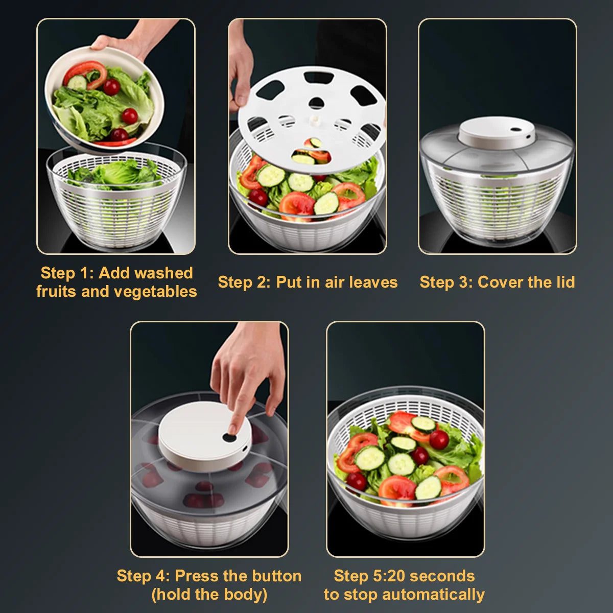 Leeseph Electric Salad Spinner, Fast Vegetable Drying, Kitchen Vegetable Dryer and Salad Dryer for Vegetables, Noodles, Fruits
