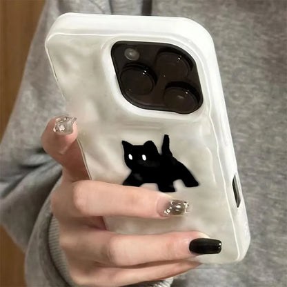 Cute Black Fuzzy Cat Shockproof Phone Case For iPhone 17Air 16 15 14 12 13 11 Pro Max Candy Color Wave Pattern Protective Cover