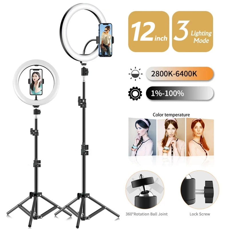 33cm Selfie Ring Light 12 in LED Tripod Phone Stand Holder Photography RingLight Circle Fill Light Led Color Lamp Trepied Makeup
