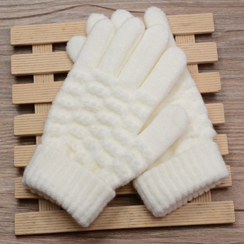 Winter Children Knitted Gloves Thick Woolen Kids Five Fingers Glove 8-15year Boy Girl Baby Hand Warmer Black White Fleece Mitten