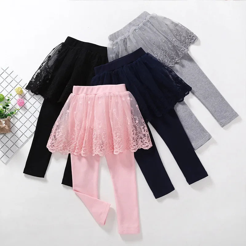 Girls Lace Princess Skirt Leggings - Premium Cotton Blend Pants for Kids Ages 2-6 Years