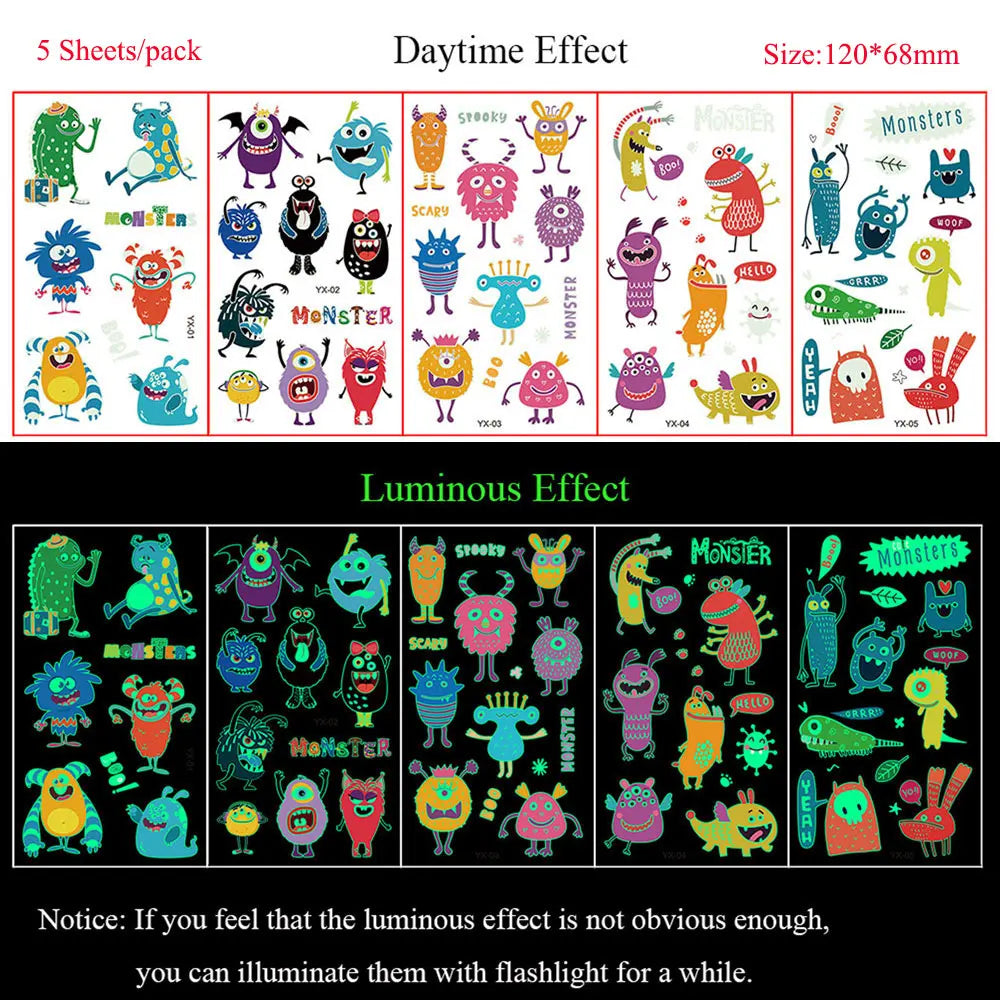 5 Sheets Luminous Tattoo Stickers Colorful Animal Mermaid Dinosaur Temporary Tattoos for Hand  Body Fake Tattoo Waterproof