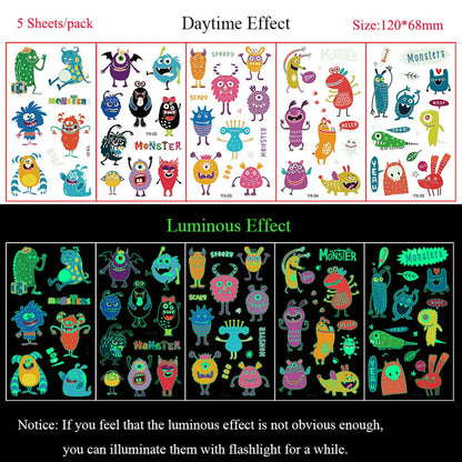 5 Sheets Luminous Tattoo Stickers Colorful Animal Mermaid Dinosaur Temporary Tattoos for Hand  Body Fake Tattoo Waterproof