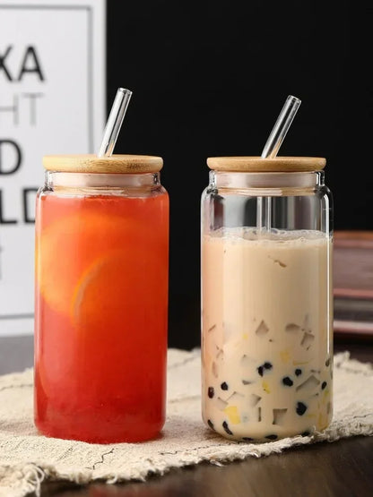 Glass Straw Cup with Dustproof Wooden Lid Heat-resisting Transparent Glass Bottle Breakfast Cola Milk Drinking Cups Holiday Gift