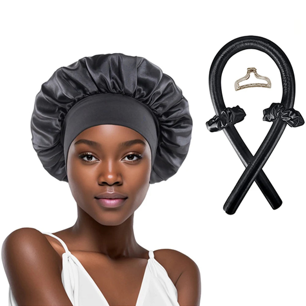 No Heat Hair Curler And Satin Sleeping Cap Set Heatless Hair Curling Headband Hair Claw Clip Hair Rings Soft Sleeping Hat Salon