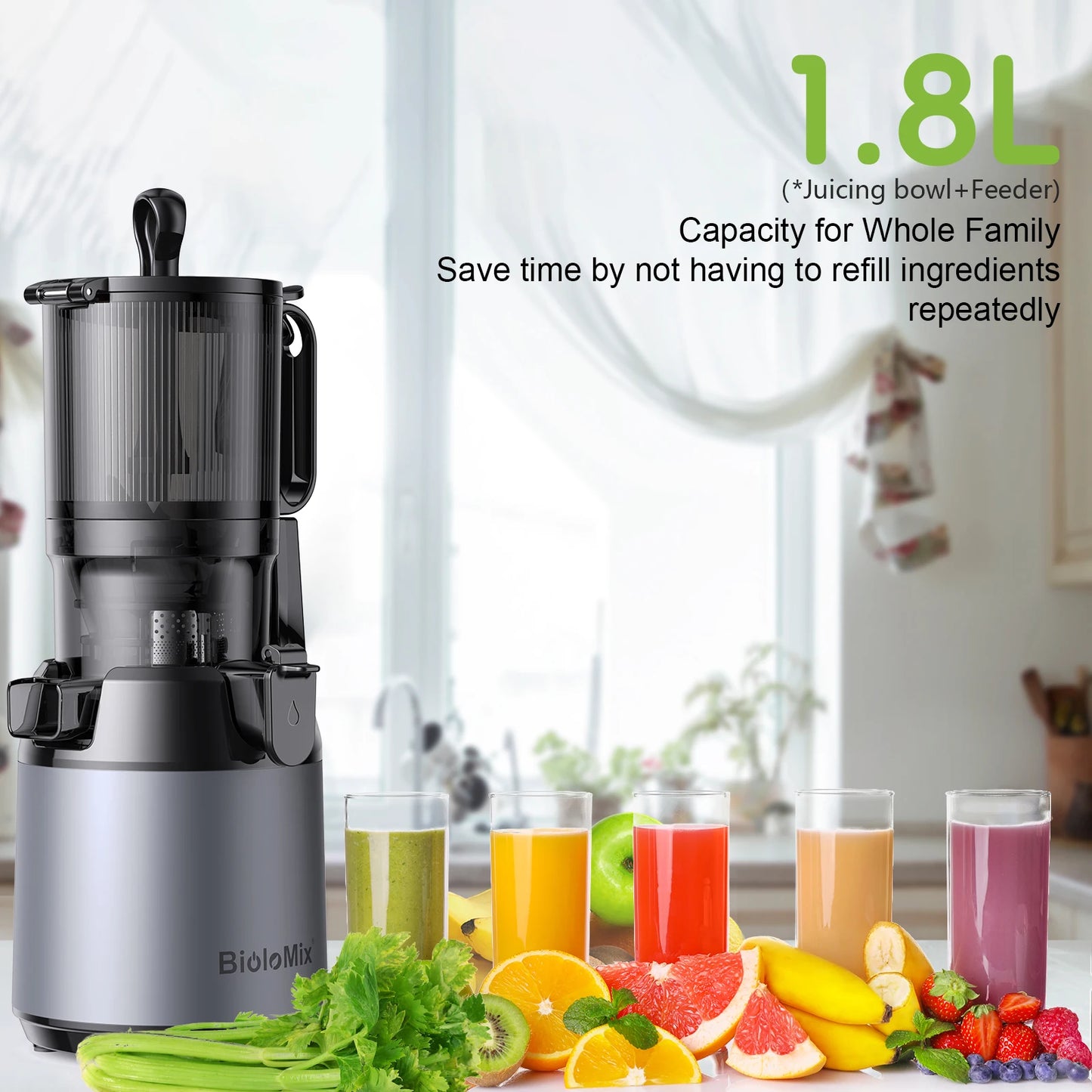 BioloMix Cold Press Juicer,with 130mm Feed Chute,Fit Whole Fruits & Vegetables,High Juice Yield,BPA FREE Slow Masticating Juicer
