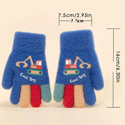 Kids Winter Gloves - Cute Excavator Cartoon Knitted Mittens for Boys & Girls (Ages 7-13)
