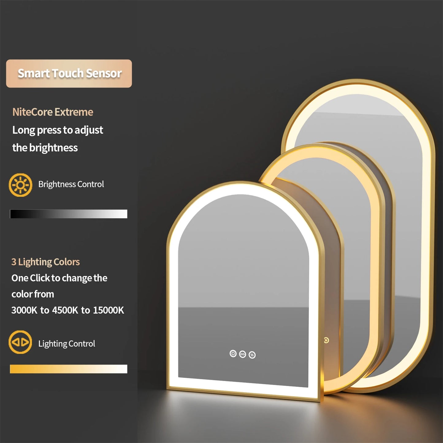 Gold Bathroom Mirror with Lights 36" LED Backlit Arch Wall Mirror Brushed Frame Touch Antifog 3 Colors Lights Adjust