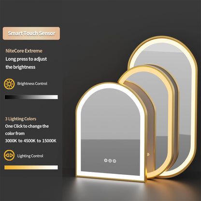 Gold Bathroom Mirror with Lights 36" LED Backlit Arch Wall Mirror Brushed Frame Touch Antifog 3 Colors Lights Adjust