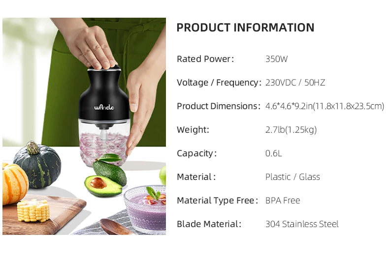 Wancle Electric Meat Grinder Kitchen Chopper Stainless Steel Blade Vegetable Garlic Crusher Household Food Processor Blender