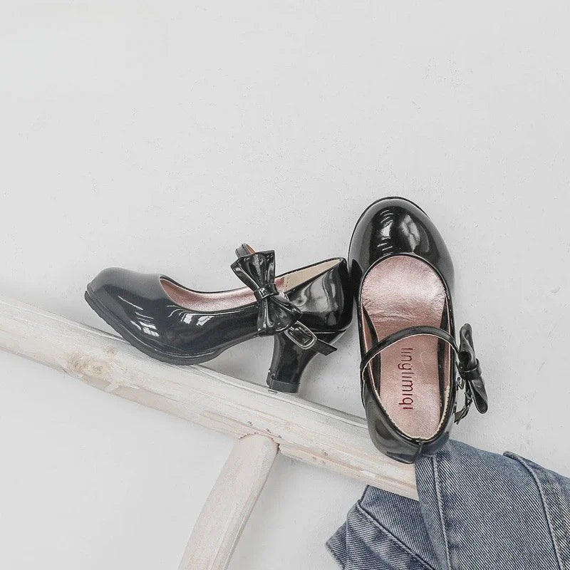 Girls High Heel Party Shoes - Glossy Bow Princess Dress Shoes for Kids