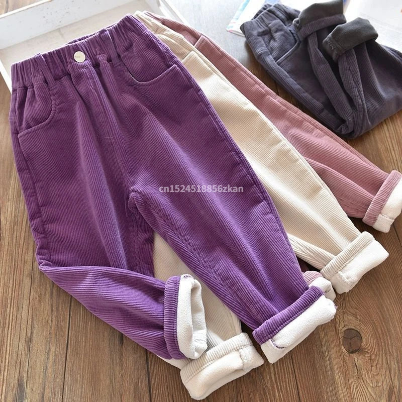 Kids Warm Pants Boy Girls Autumn Winter Corduroy Thick Outer Wear Sports Trousers 1-9Y Children Clothes Casual High Waist Pants