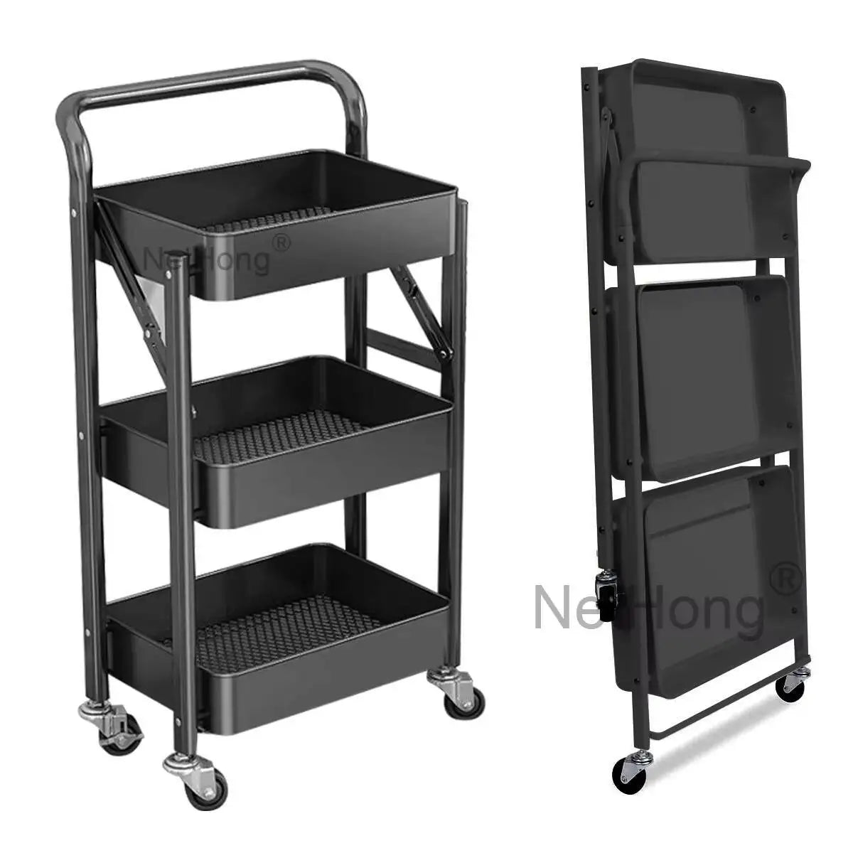 3 Tier Metal Folding Trolley Cart Storage Rack Rolling Shelf Beauty Office Wheel