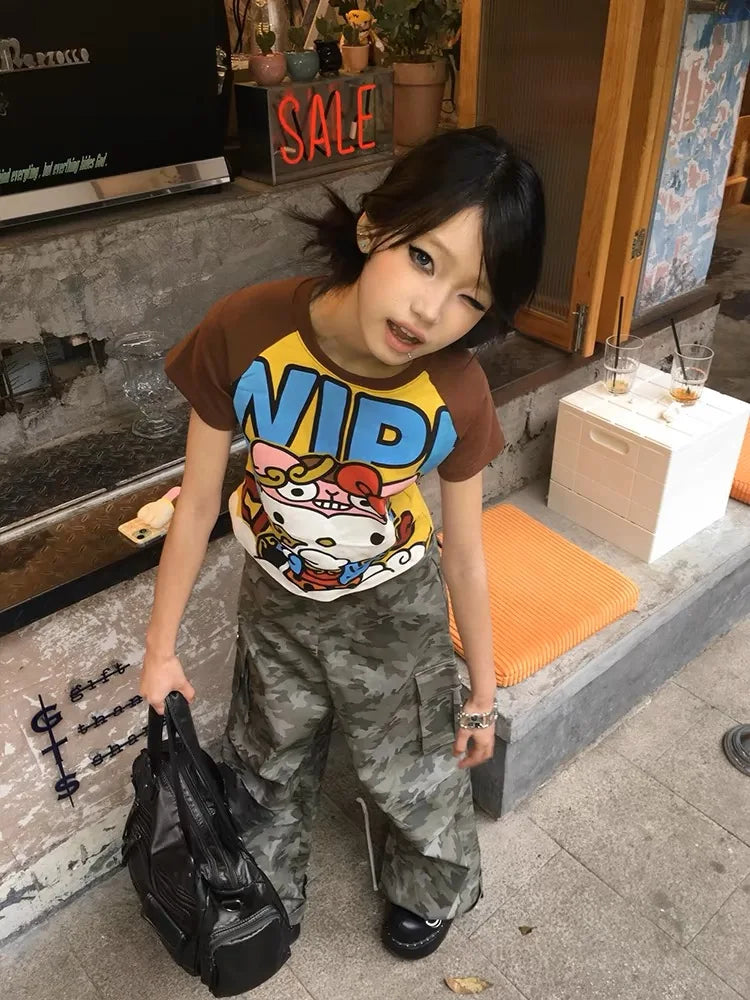 Y2K Sanrio Hello Kitty New Anime Fashion Short Tops Summer Cute Tees Cartoon Printed High Street Gothic Short Hottie T-shirts