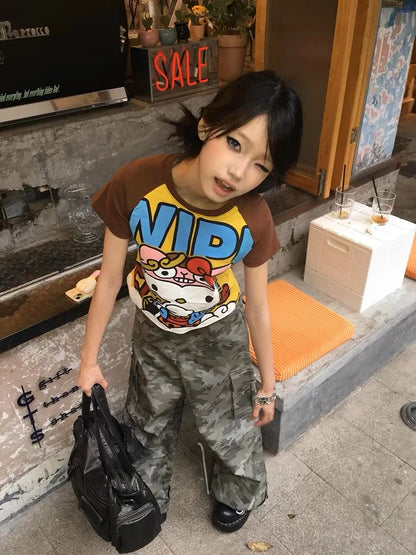 Y2K Sanrio Hello Kitty New Anime Fashion Short Tops Summer Cute Tees Cartoon Printed High Street Gothic Short Hottie T-shirts