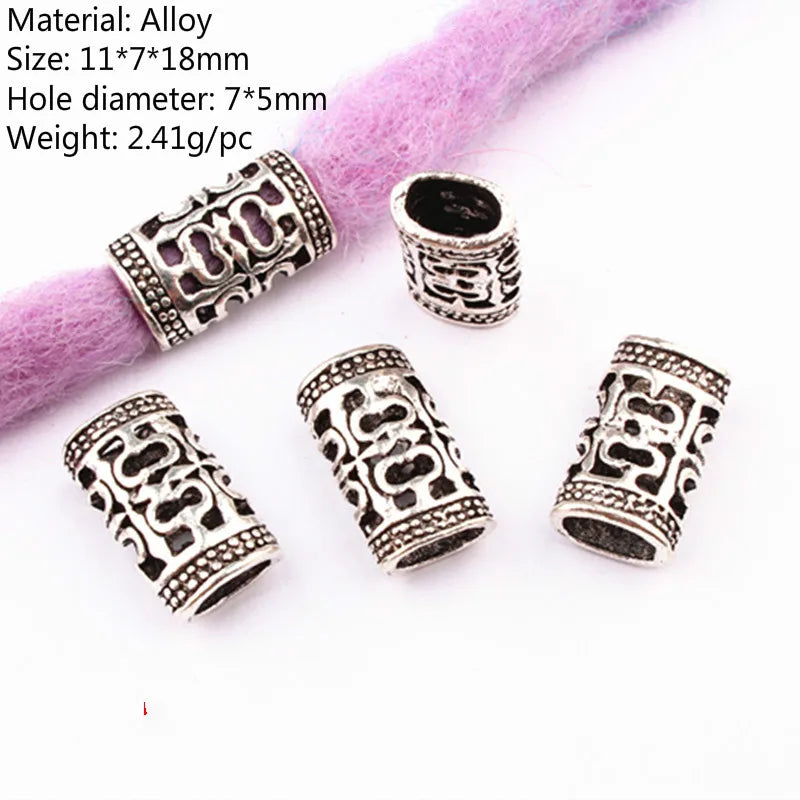5 Pcs Antique Silver Hair Braid Dread Dreadlock Beads Cuffs Tuber Approx 8mm Inner Hole for Hair Styling Accessories Tool