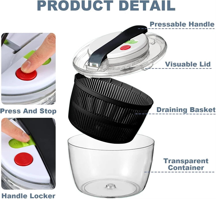 LMETJMA 3L Salatschleuder, große Salatschüssel mit Deckel, einhändig bedienbar, leicht zu bedienen, Salatschleuder, Waschmaschine, Trockner, Abtropfgerät, Mixer JT249