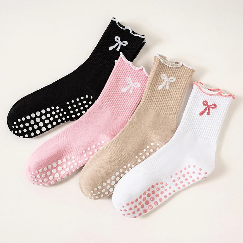 1 pairs of anti-slip grip Pilates socks, pure cotton breathable yoga socks, high elasticity sweat-absorbing mid-calf socks