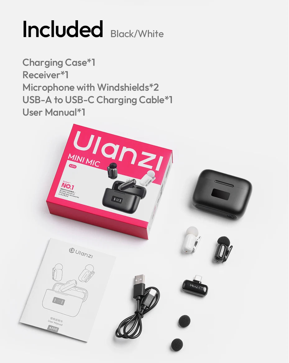 Ulanzi A200 Mini Mic 48kHz/24bit 75dB for Smartphone Camera Livestreaming Street Interview Vlogging Wedding Videography Shots