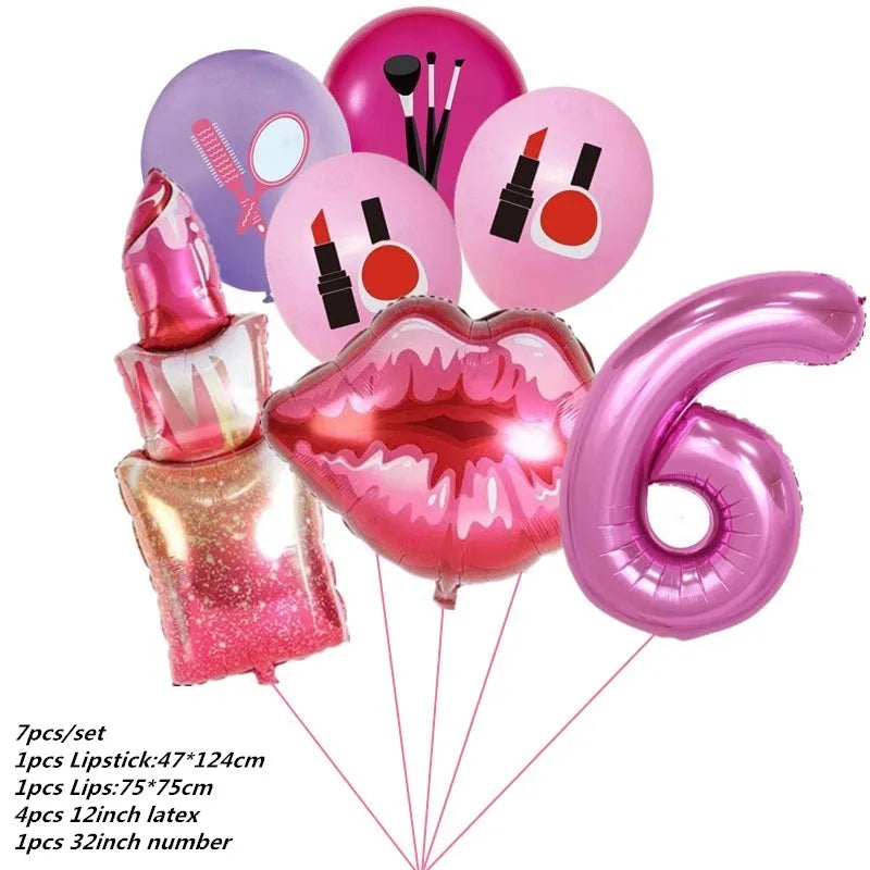 Make Up Theme Birthday Disposable Tableware Paper Plate Cups For Spa Makeup Girl Party Lipstick Red Lips Balloon Valentines Gift
