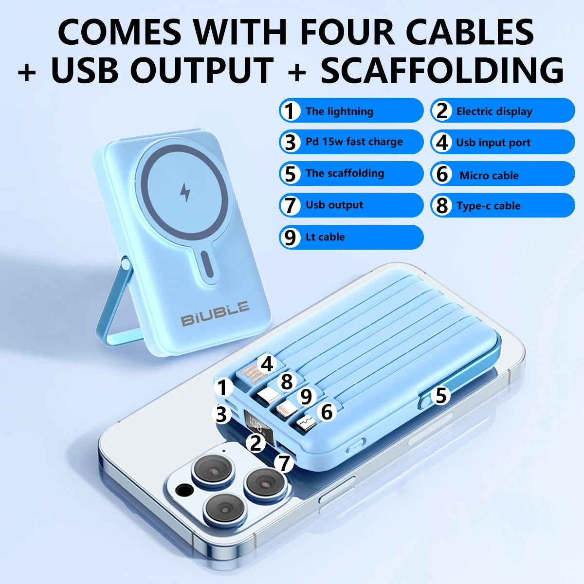 Blue Wireless Magnetic power bank Wireless fast charging up to 22.5w with LED digital power display