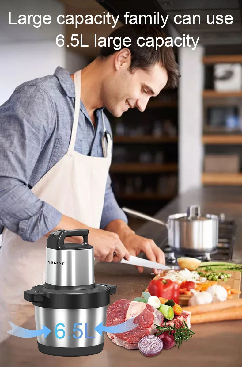 1500W 6.5L Stainless Steel Kitchen Meat Grinder 3 Gears Powerful Motor 4-Layer Blade Vegetable Crusher Onion Garlic Grinder