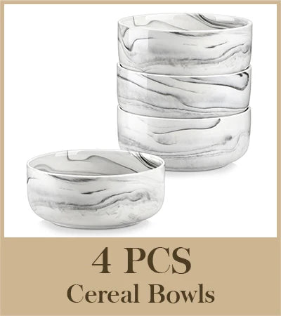 MALACASA 4 Piece Bowl 26oz Ceramic Dinnerware set White Porcelain Plates Grey Marble Tableware Set Cereal Bowls Salad Soup Bowls