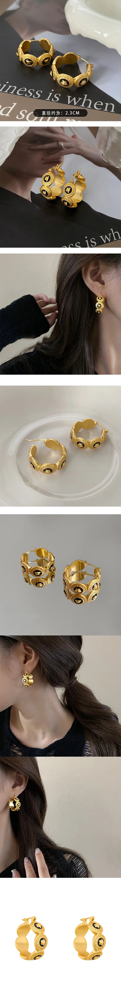 Classical Metal Retro Portrait Earrings Luxurious Fashion French Portrait Striped Circle Earstud Italian Handmade Palace Jewelry