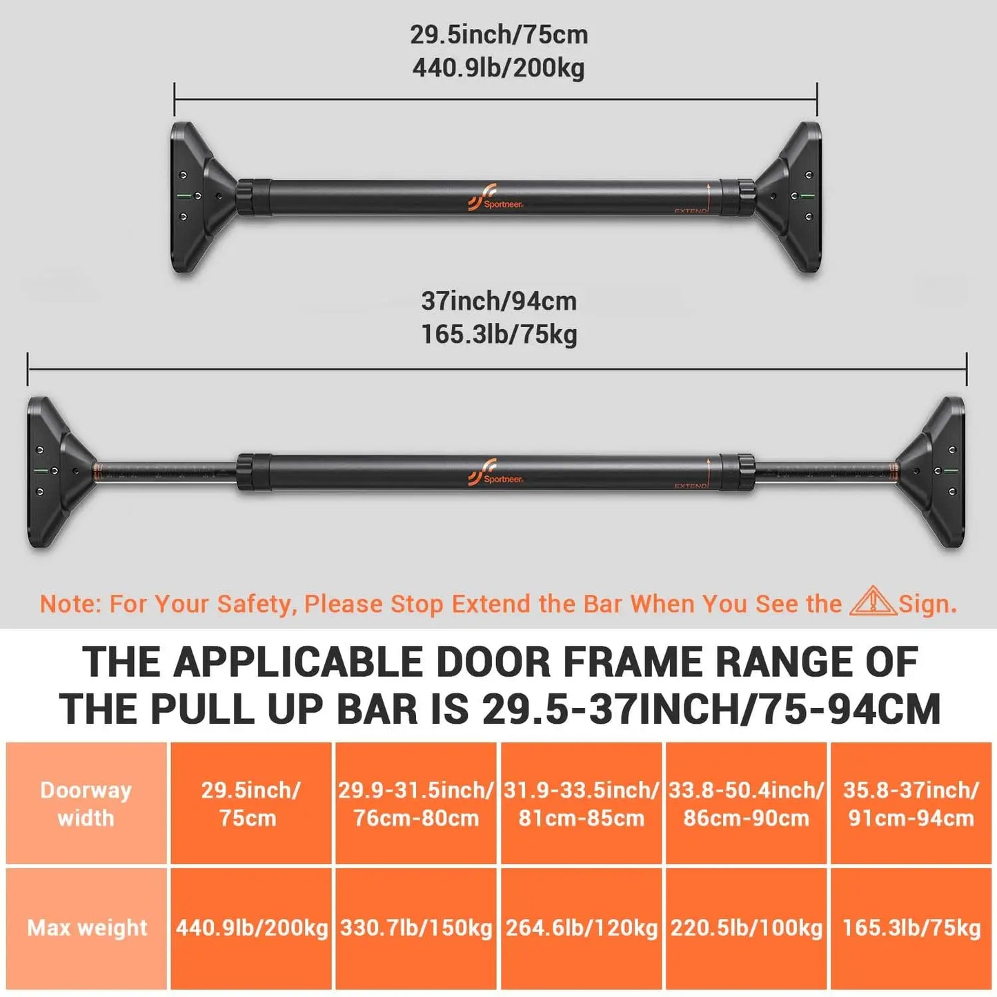 Sportneer Indoor Home Pull Up Bar Adjustable Width Strength Training Chin up Bar without Screws Max 440lbs for Fitness Exercise