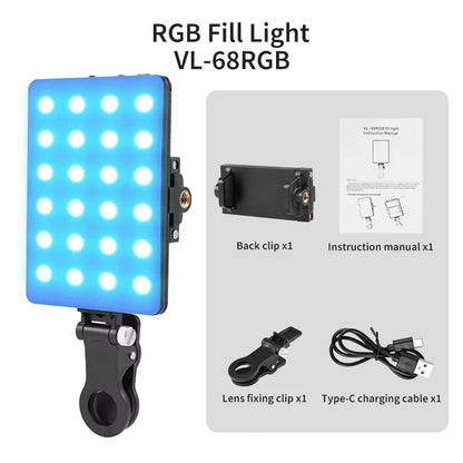 RGB LED Pocket Fill Light Mini Clip-On Rechargeable Video Light for Phone iPad Laptop Vlog Selfie Live Broadcast Photography