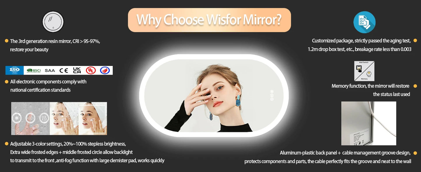 Backlit Smart LED Bathroom Mirror: Oval Dimmable 3 Colors Anti-Fog Mirrors with Light Memory - IP65 CRI95 Large Wall Mounted