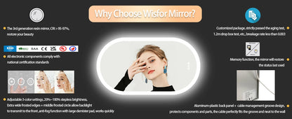 Backlit Smart LED Bathroom Mirror: Oval Dimmable 3 Colors Anti-Fog Mirrors with Light Memory - IP65 CRI95 Large Wall Mounted