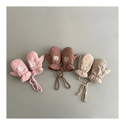 Kids Winter Gloves with Neck String - Warm Cartoon Mittens for Toddlers