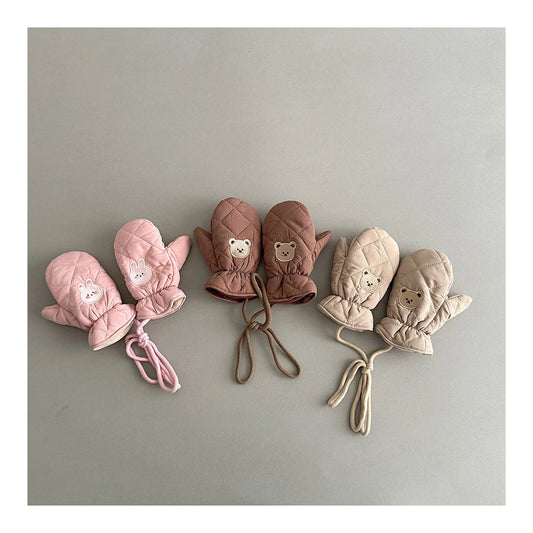 Kids Winter Gloves with Neck String - Warm Cartoon Mittens for Toddlers