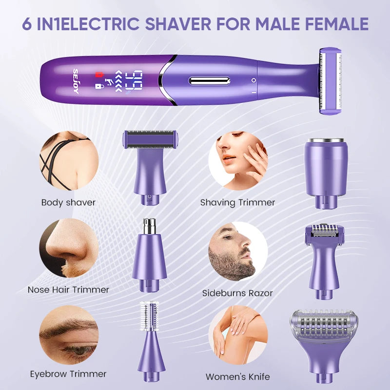 Sejoy 6-in-1 Body Hair Remover Kit Electric Razors for Women Men Bikini Hair Trimmer for Face Eyebrow Nose Arms Legs Pubic