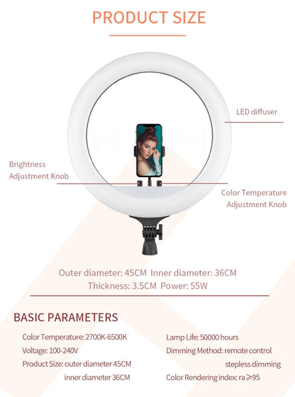 SH 18 Inch Knob Ring Light LED Selfie Video Lamp With Tripod Stand Phone Clip For YouTube Live Lighting Photo Photography Studio